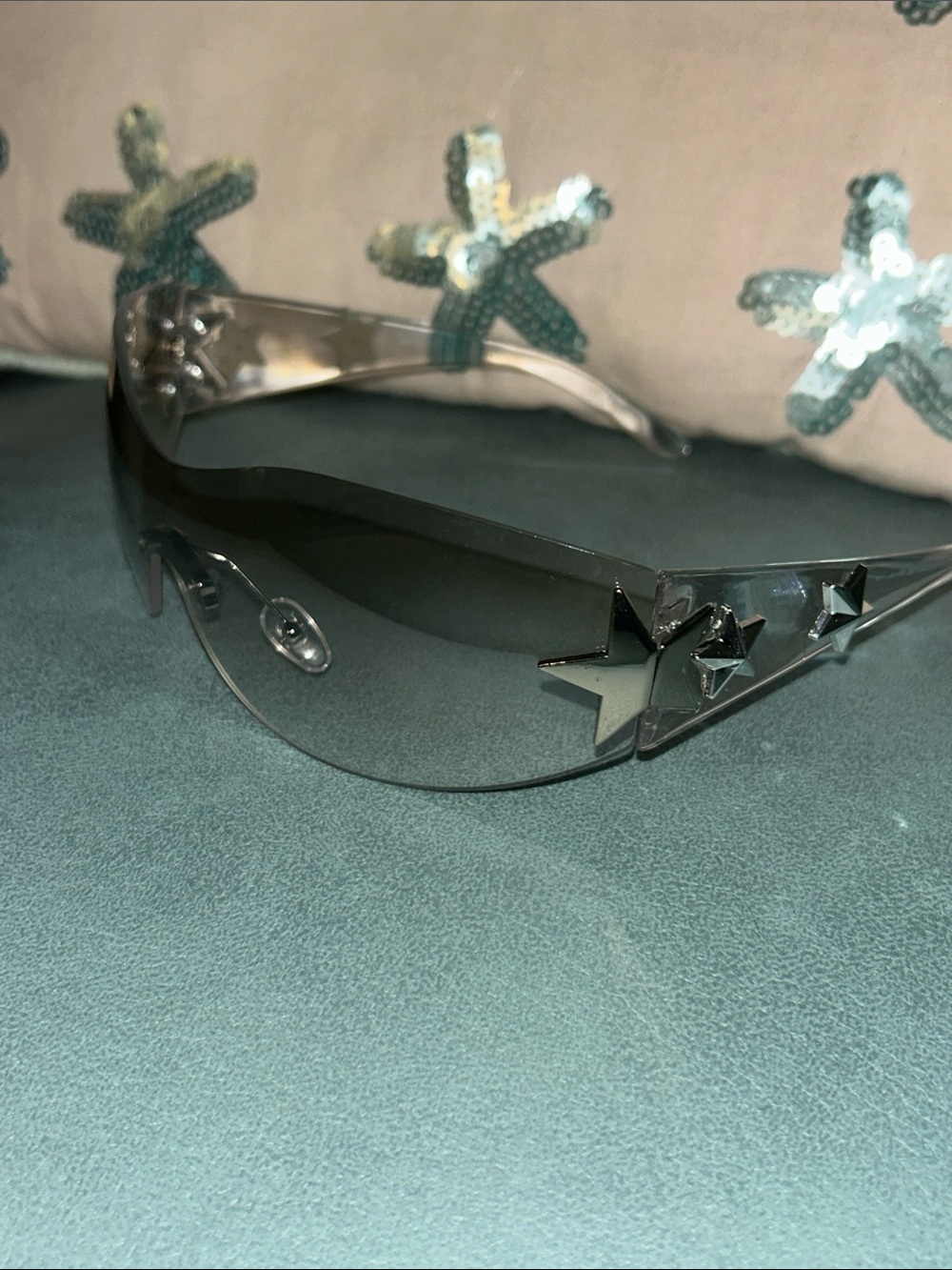 Rimless Y2K style Wraparound Clear Smoke Frame Sunglasses with Stars
